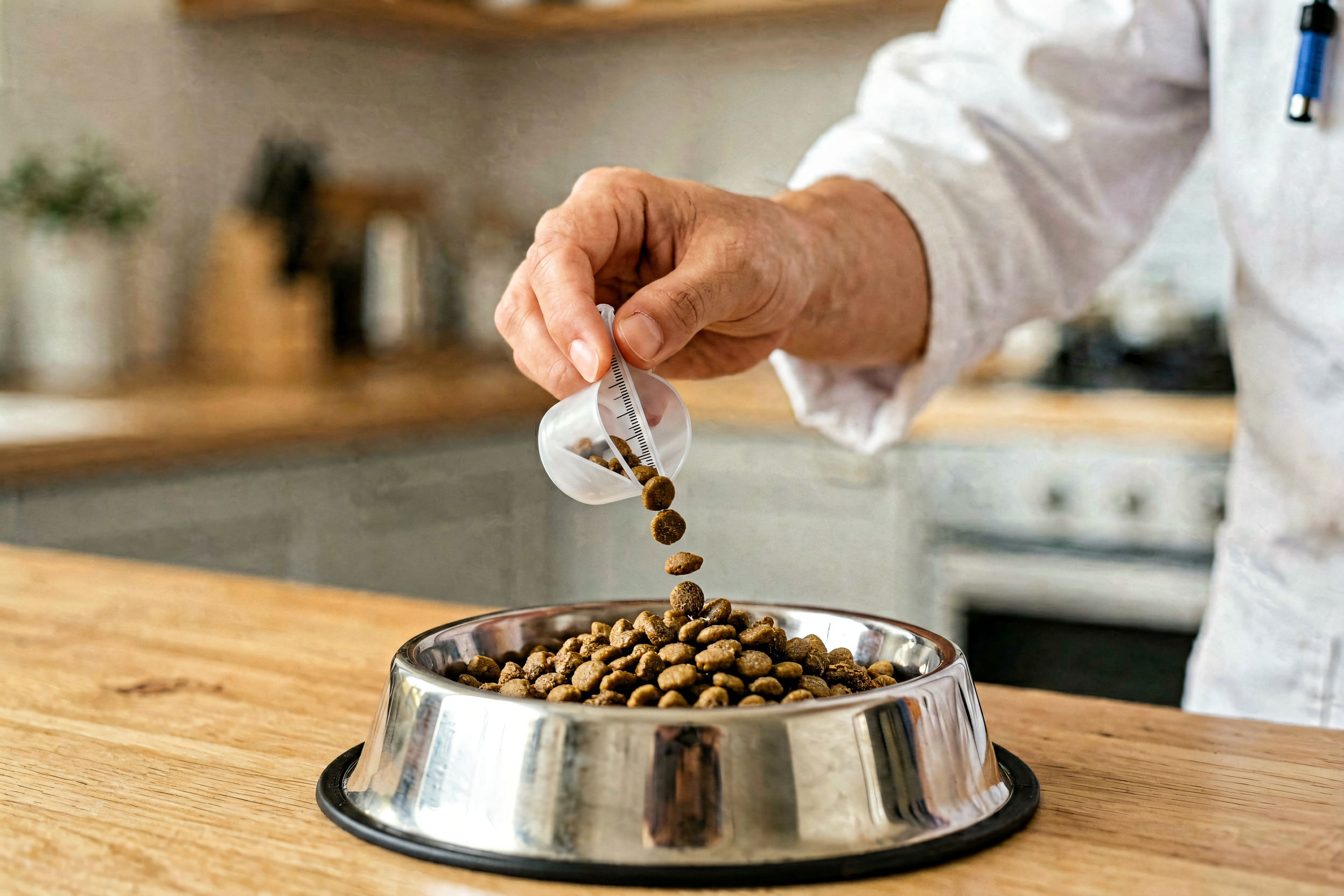 Veterinarian hand pouring precise kibble into a stainless steel dog bowl