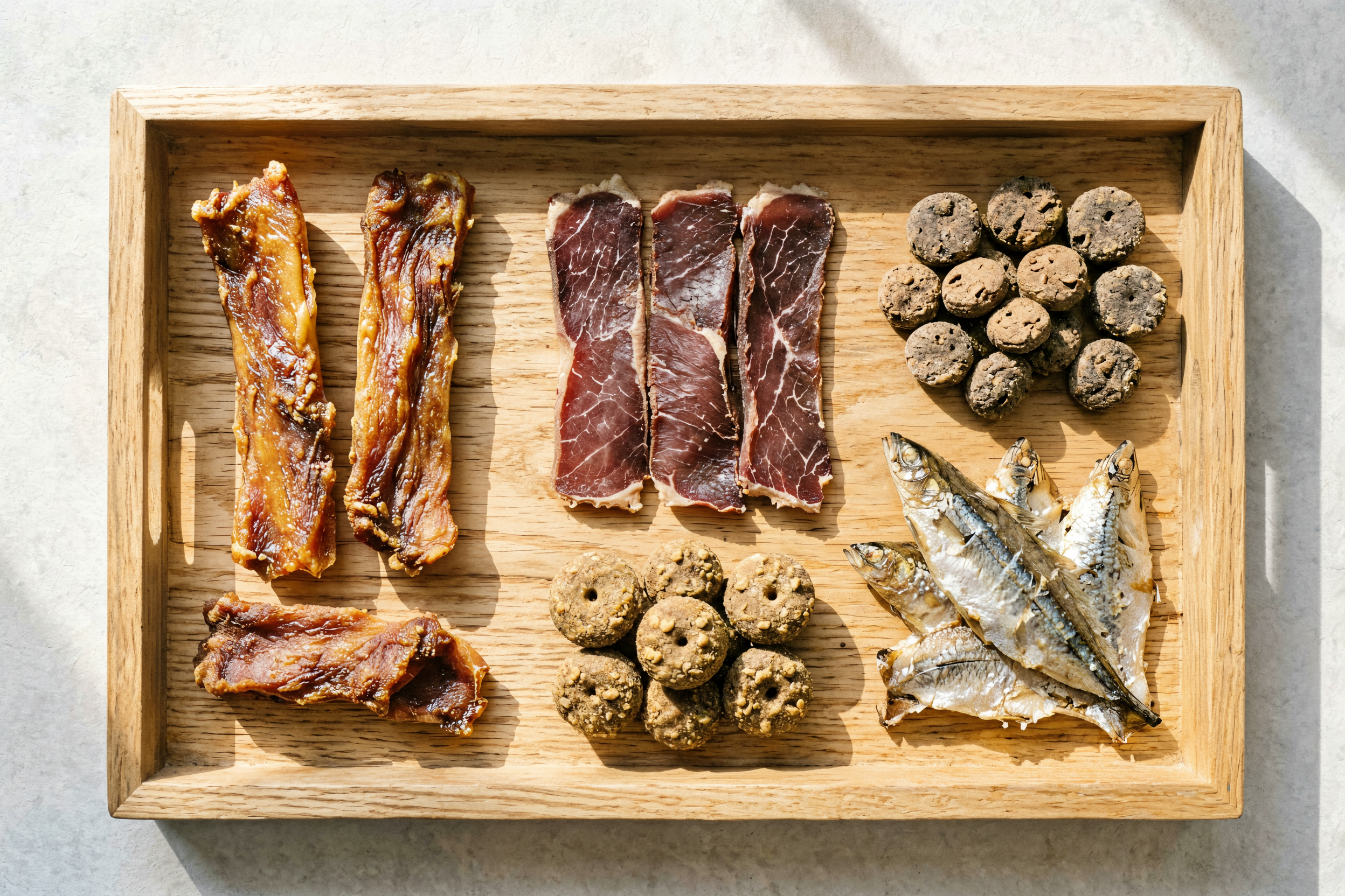 Top-down flat lay of different dog treats arranged in a sunlit wooden tray